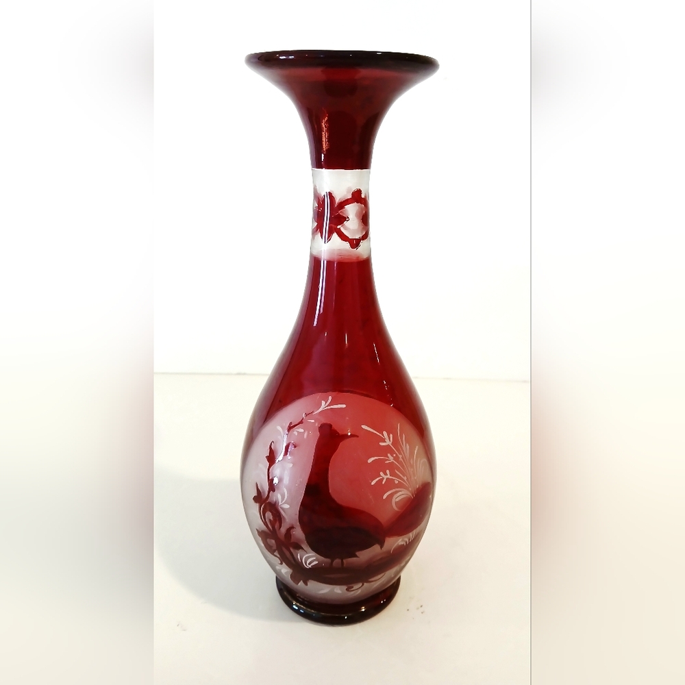 Antiquue Ruby Red Blown Glass Vase with Bird Design